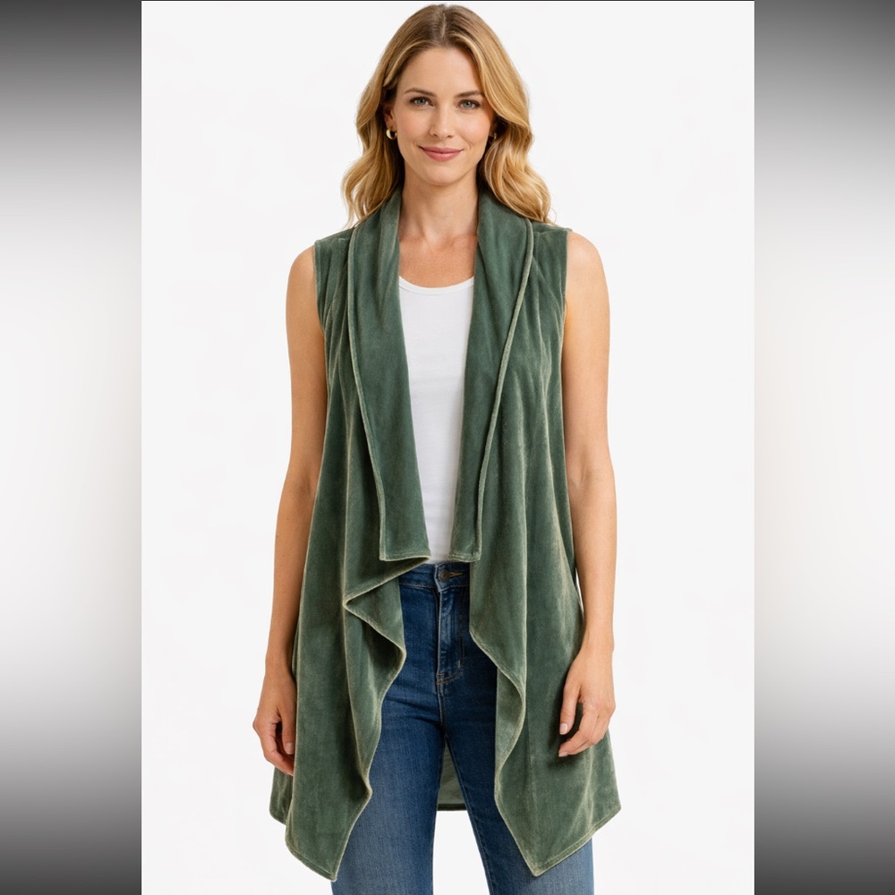 Soft Surroundings Velvet Waterfall Drape Front Vest Teal Blue Medium